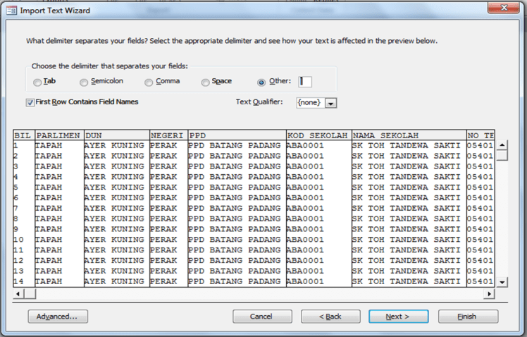 Import text wizard box All
