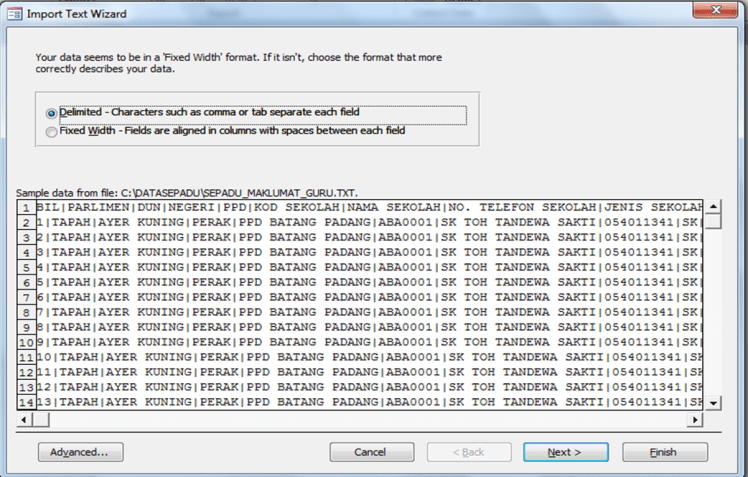 Import text wizard box